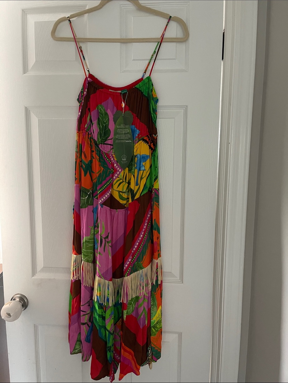 FARM Rio Multicolor Tropical Print Midi Dress with Fringe